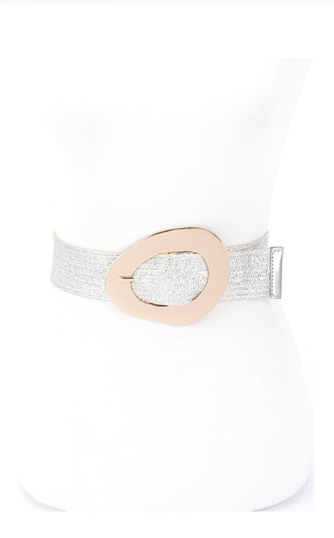 Plus Size Gold Buckle Metallic Straw Elastic Belt