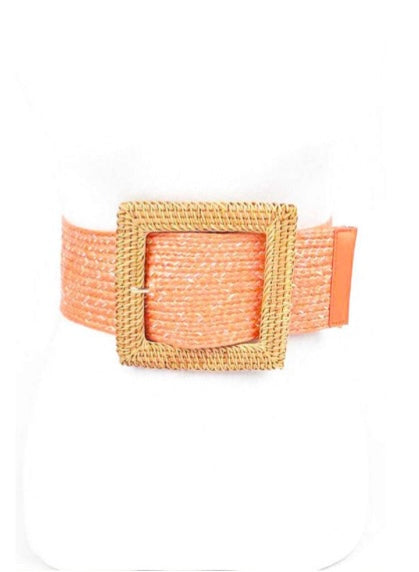 Bamboo Square Buckle Faux Straw Elastic Belt