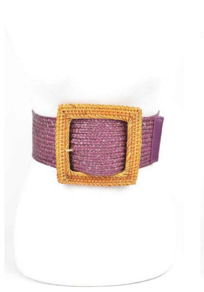 Bamboo Square Buckle Faux Straw Elastic Belt