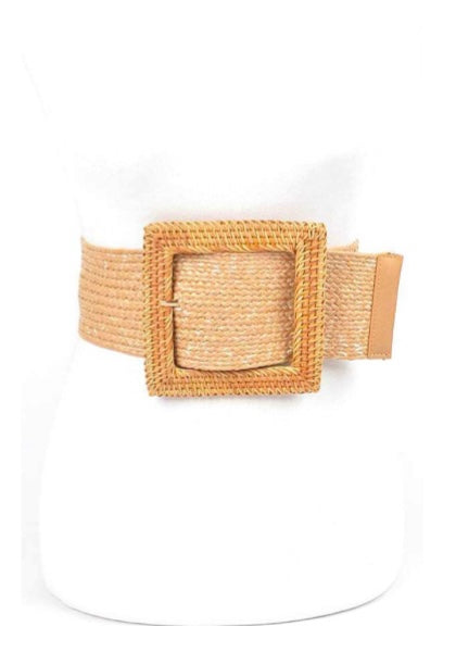 Bamboo Square Buckle Faux Straw Elastic Belt