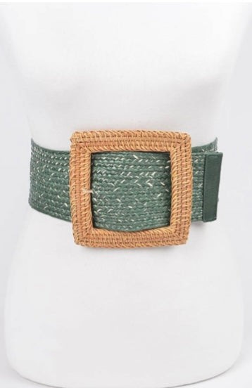 Bamboo Square Buckle Faux Straw Elastic Belt