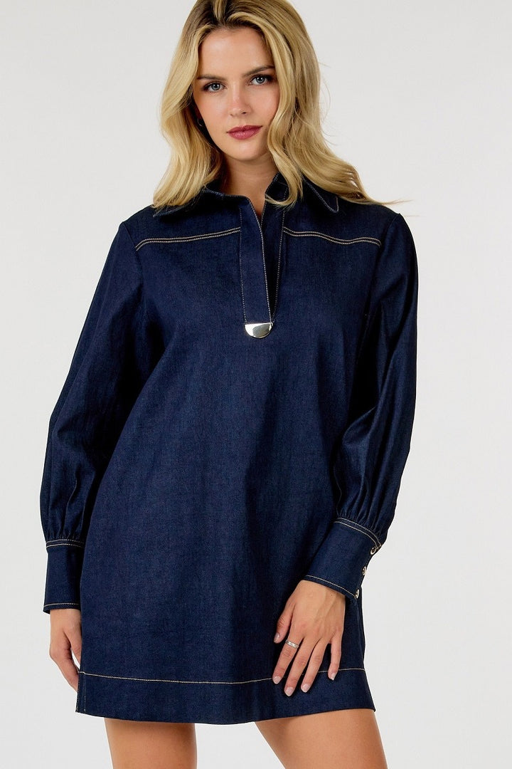 Collar Neck Long Sleeve Shirt Dress