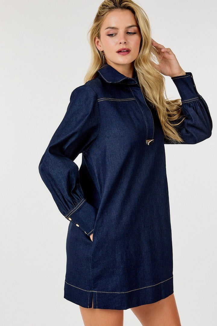 Collar Neck Long Sleeve Shirt Dress