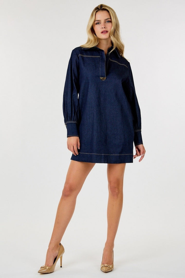 Collar Neck Long Sleeve Shirt Dress